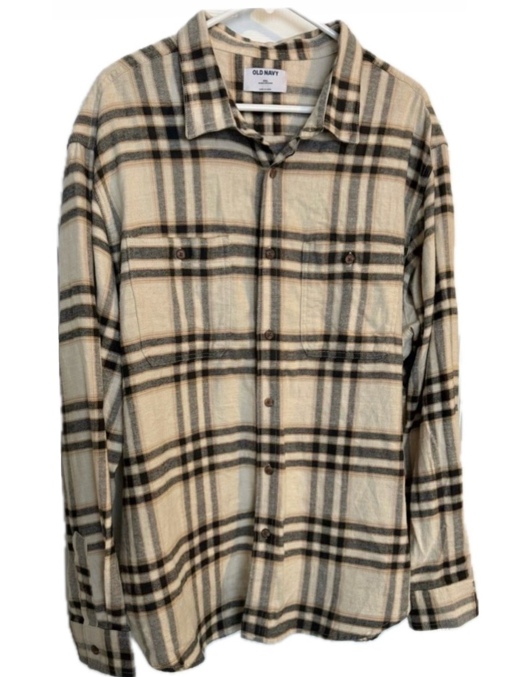 Old Navy Plaid Flannel Double Brushed Shirt Neutral Cream Tan Black XXL
